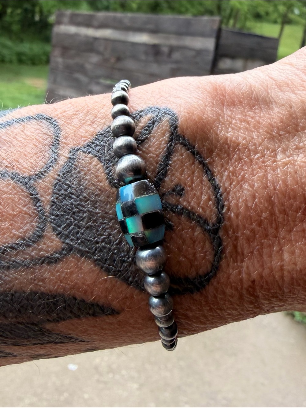 Sterling Pearl Bracelet with Turquoise Checkered Barrel Bead